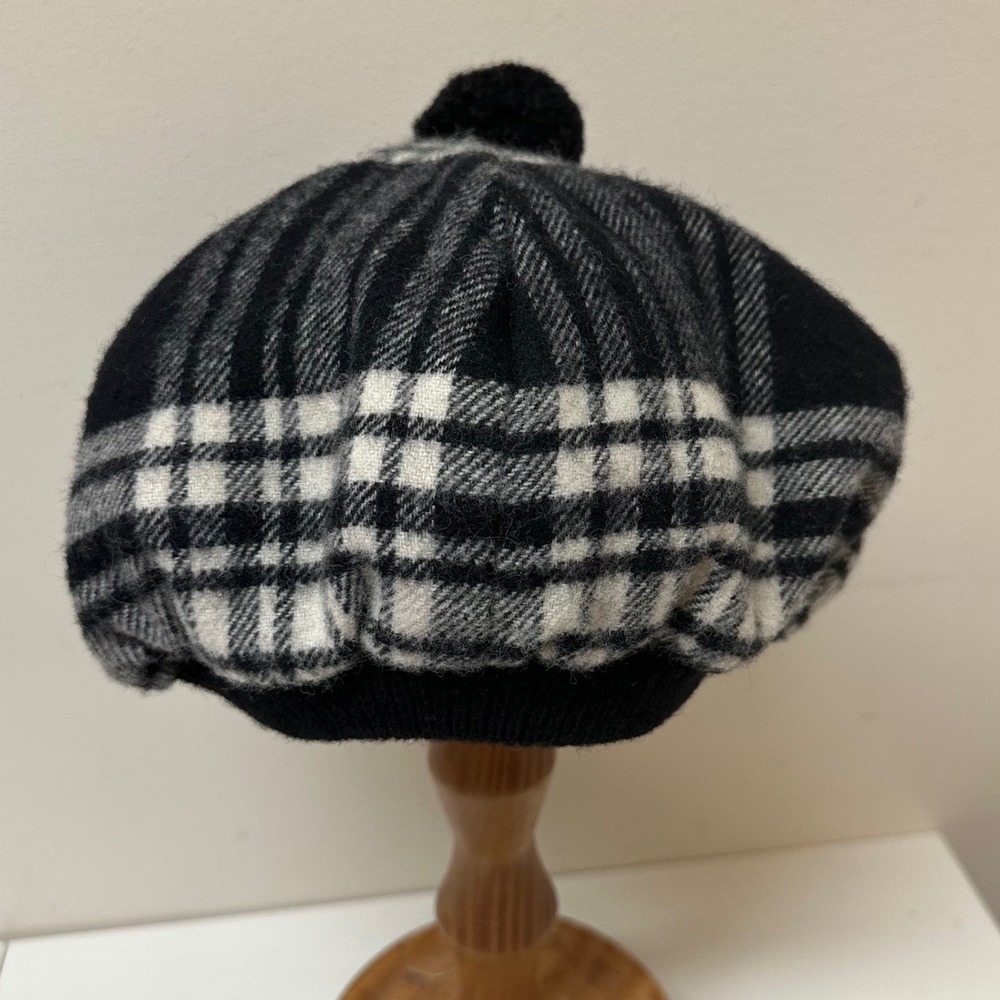 Vintage Made in Scotland Wool Tam O' Shanter Hat Black White Plaid Pom Beret
